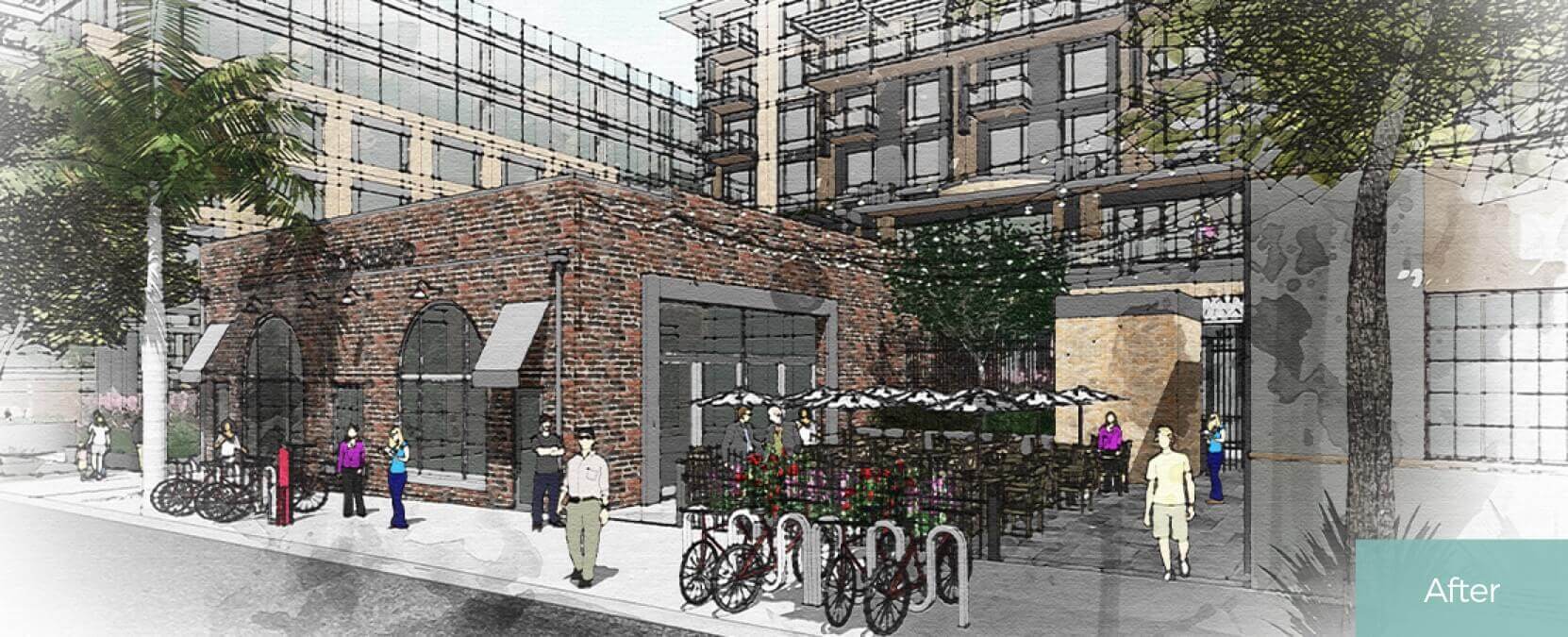 Building rendering, outdoor dining area, walkway, man, outdoor lights, trees, bikes