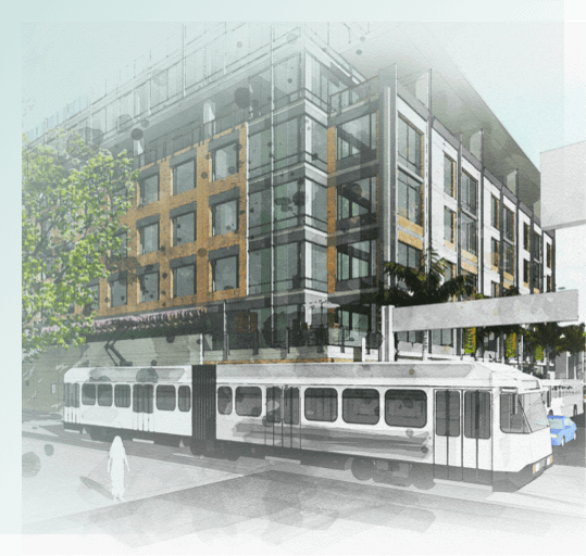 Building rendering, Metro rail car, medical office building in background