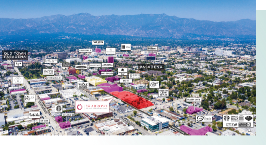 Aerial view identifying buildings in Old Pasadena, Civic Center District