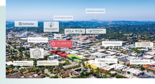 Aerial view identifying existing buildings in Medical Research Corridor