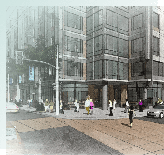 Building rendering, street intersection, pedestrians, car, traffic signal